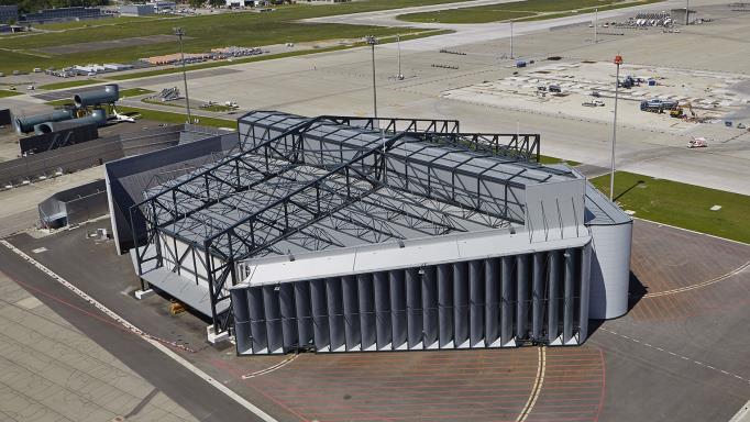 Featured  - Zurich  Airport 's  noise  protection  hangar -  for  high  power  engine  runs  during  Aircraft  maintenance !